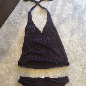 Purple eyelet halter tankini swimsuit